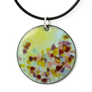 Handmade Round Enamel Pendant Necklace in Green and Pink, Spring Necklace, Spring Jewelry For Women