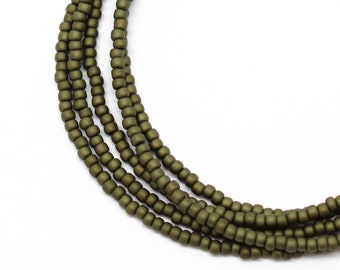 Olive Green Seed Bead Necklace, Thin 1.5mm Single Strand
