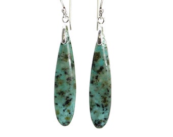 African Turquoise Dangle Earrings, Turquoise Slab Earrings, Long Teardrop Turquoise Earrings