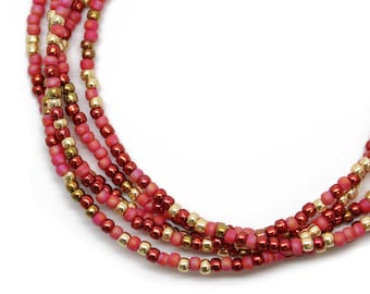 Multi Color Burgundy and Gold Seed Bead Necklace, Thin 1.5mm Single Strand