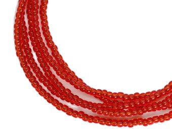Transparent Siam Ruby Red Seed Bead Necklace, Thin 1.5mm Single Strand