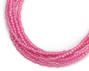 Silver Lined Milky Hot Pink Seed Bead Necklace, Thin 1.5mm Single Strand