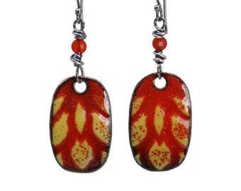 Red Enamel Dangle Earrings with Sterling Silver Ear Wires, Red Drop Earrings, Red Dangle Earrings, Artisan Earrings, Glass Earrings