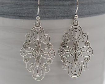 Sterling Silver Filigree Swirl Earrings, Elegant Silver Earrings, Gift for Her, Silver Dangle Earrings