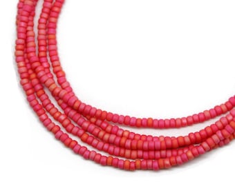 Coral Rainbow Seed Bead Necklace,  Thin 1.5mm Single Strand