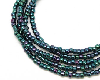 Metallic Blue Purple Iris Seed Bead Necklace, Thin 2mm Single Strand