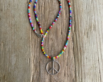 Peace Sign Necklace with Hippie Love Beads 16" Long