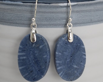 Blue Sponge Coral Earrings in Sterling Silver, Blue Stone Dangle Earrings, Coral Jewelry