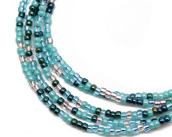 Blue Teal and Silver Seed Bead Necklace, Thin 1.5mm Single Strand Multi Color Beaded Necklace, Made to Order Long to Choker