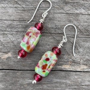 Pink and Green Glass Lampwork Bead Dangle Earrings in Sterling Silver