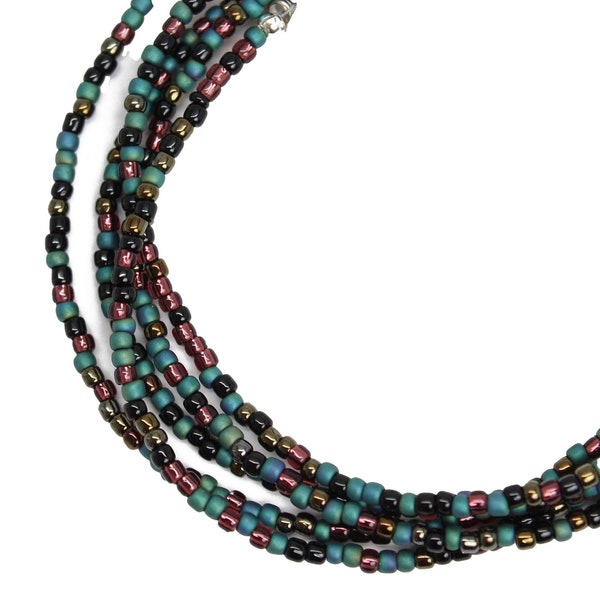 Mixed Teal Black and Plum Seed Bead Necklace, Thin 1.5mm Single Strand
