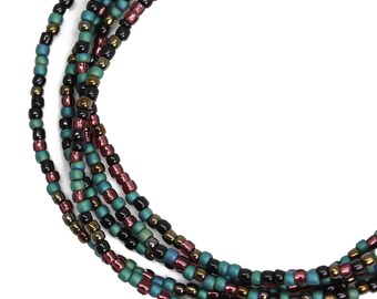 Mixed Teal Black and Plum Seed Bead Necklace, Thin 1.5mm Single Strand