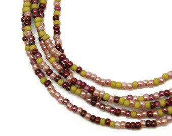 Green Plum Pink Seed Bead Necklace, Thin 1.5mm Single Strand