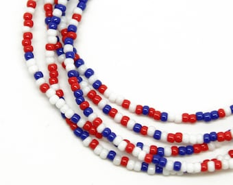 Red White and Blue Seed Bead Necklace, Thin 1.5mm Single Strand, Patriotic Jewelry