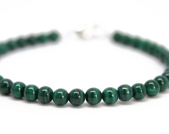 Malachite Bracelet with Clasp, Small 4mm Green Gemstone Bracelet, Natural Malachite Jewelry