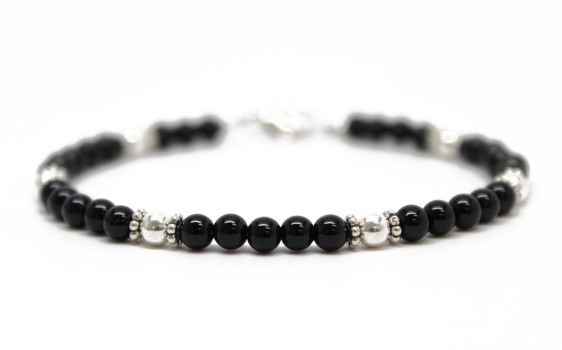 Black Onyx and Sterling Silver Bead Bracelet, Small 4mm Black and Silver Beaded Bracelet image 2