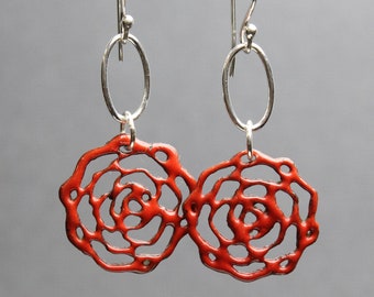 Red Enamel Flower Earrings, Enamel Jewelry, Artisan Jewelry, Statement Earrings, Handmade Red Drop Earrings, Art Jewelry