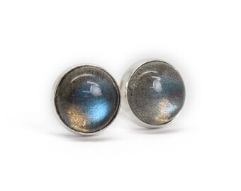 Labradorite Stud Earrings, 6mm Gray Studs, Sterling Silver Gemstone Studs, Labradorite Jewelry