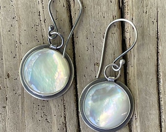 Handmade White Mother of Pearl Earrings in Sterling Silver, Pearl Earrings