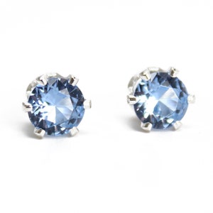 Aquamarine Earrings, 6mm Prong Set Simulated Aquamarine Stud Earrings in Sterling Silver