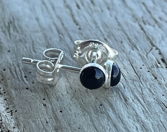 Tiny 3mm Black Onyx Stud Earrings, Sterling Silver or Gold Fill, Extra Small Second Hole Studs