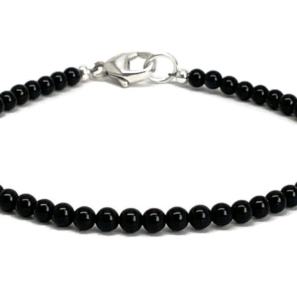 3mm Black Onyx Bead Bracelet with Clasp, Dainty Black Layering Bracelet, Small Black Beaded Bracelet