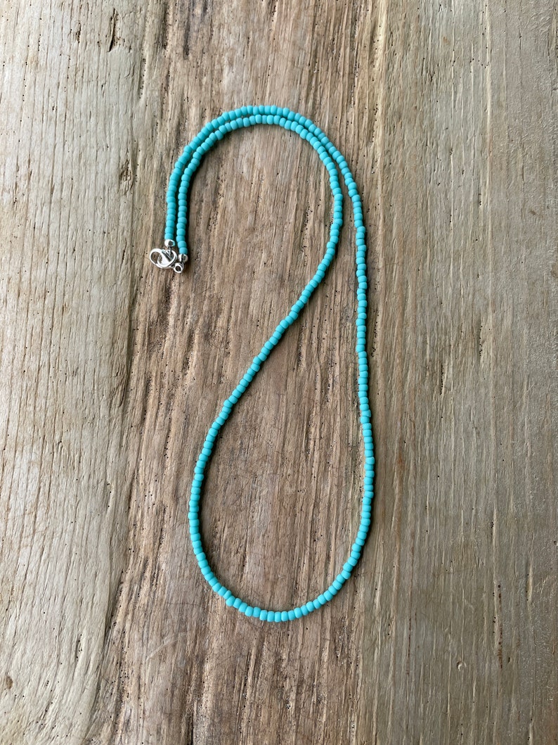 Turquoise Seed Bead Necklace Matte Finish, Thin 1.5mm Single Strand Turquoise Color Beaded Necklace, Made to Order Long to Choker image 4