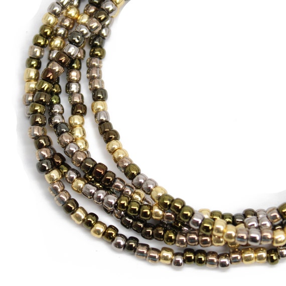 Metallic Hematite Glass Seed Bead Necklace, Thin 1.5mm Single Strand 18