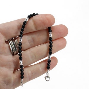 Black Onyx and Sterling Silver Bead Bracelet, Small 4mm Black and Silver Beaded Bracelet image 5