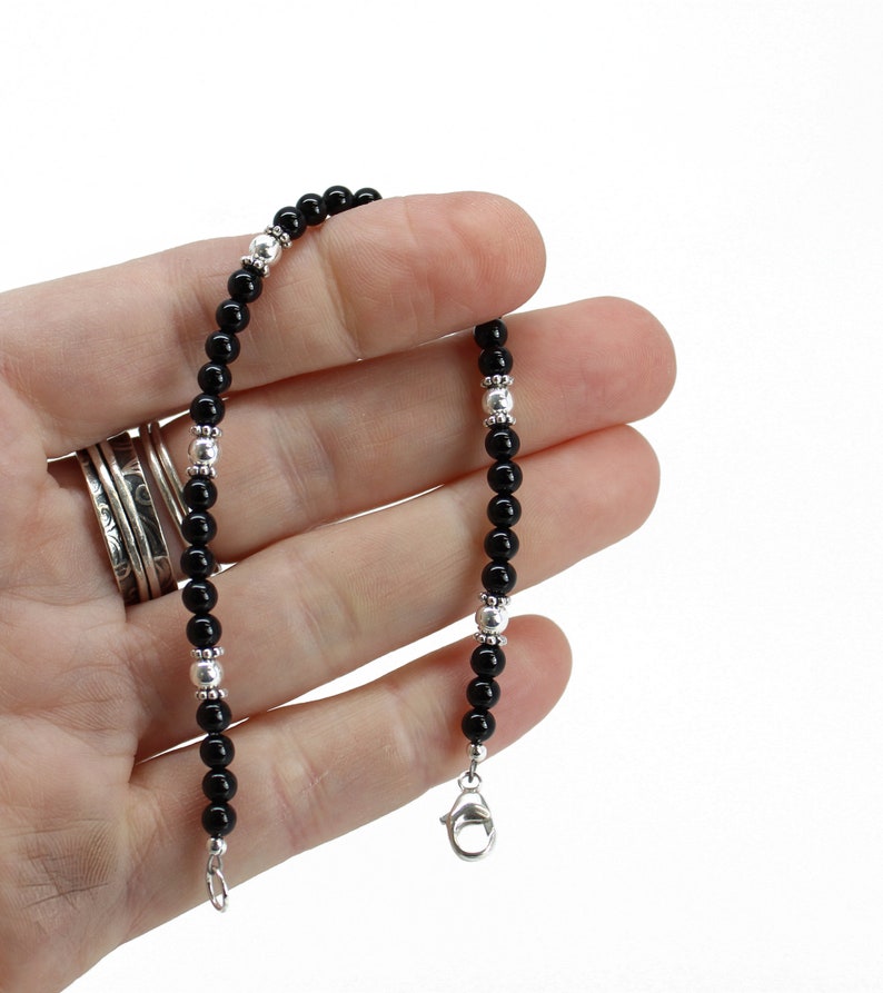 Black Onyx and Sterling Silver Bead Bracelet, Small 4mm Black and Silver Beaded Bracelet image 5