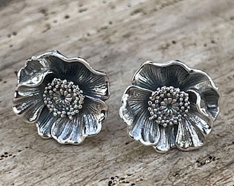 Sterling Silver Poppy Flower Stud Earrings