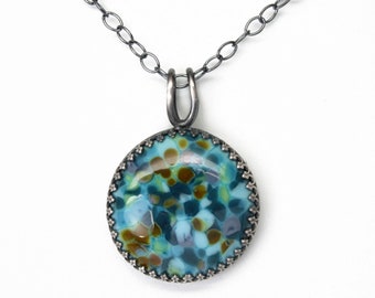 Lampwork Glass Pendant in Aqua Blue and Green in Sterling Silver, Handcrafted Artisan Jewelry