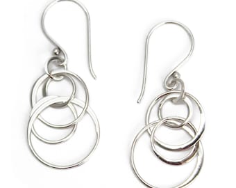 Sterling Silver Floating Circle Earrings, Short Silver Dangle Interlocking Hoop Earrings, Gift for Her