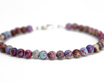 Rainbow Sea Sediment Jasper Bracelet, Pink and Blue Jasper Bracelet, Small 4mm Multi Color Pink Stone Bracelet