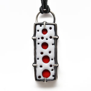 Rectangular Enamel Pendant, Art Jewelry, Red and White Necklace, Artisan Jewelry, Enamel Necklace, Handmade Gift for Her, Geometric Pendant
