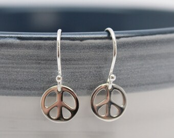 Tiny Peace Sign Dangle Earrings in Sterling Silver, Peace Earrings, Charm Drop Earrings