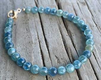5mm Kyanite Bead Bracelet with Sterling Silver or Yellow Gold Filled Clasp, Blue Green Gemstone Bracelet