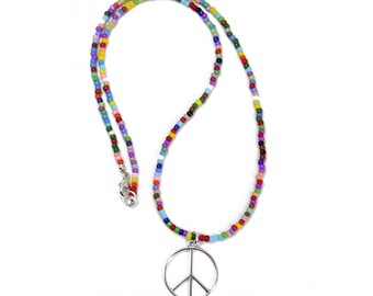 Peace Sign Necklace With Hippie Love Beads 16 Peace Sign Necklace With Hippie Love Beads 16