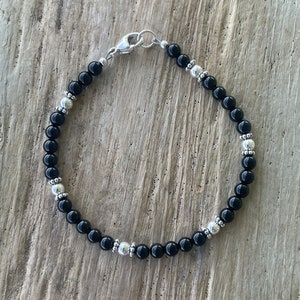 Black Onyx and Sterling Silver Bead Bracelet, Small 4mm Black and Silver Beaded Bracelet image 10