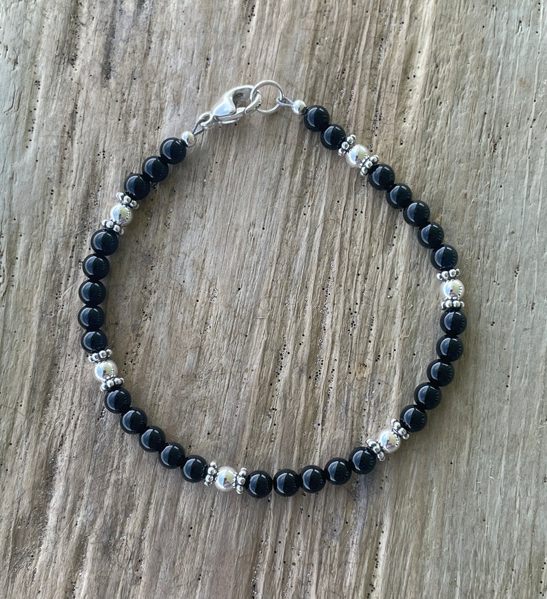 Black Onyx and Sterling Silver Bead Bracelet, Small 4mm Black and Silver Beaded Bracelet image 10