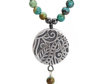 Handmade Sterling Silver Pendant with Genuine Green Turquoise Bead Necklace, Artisan Jewelry
