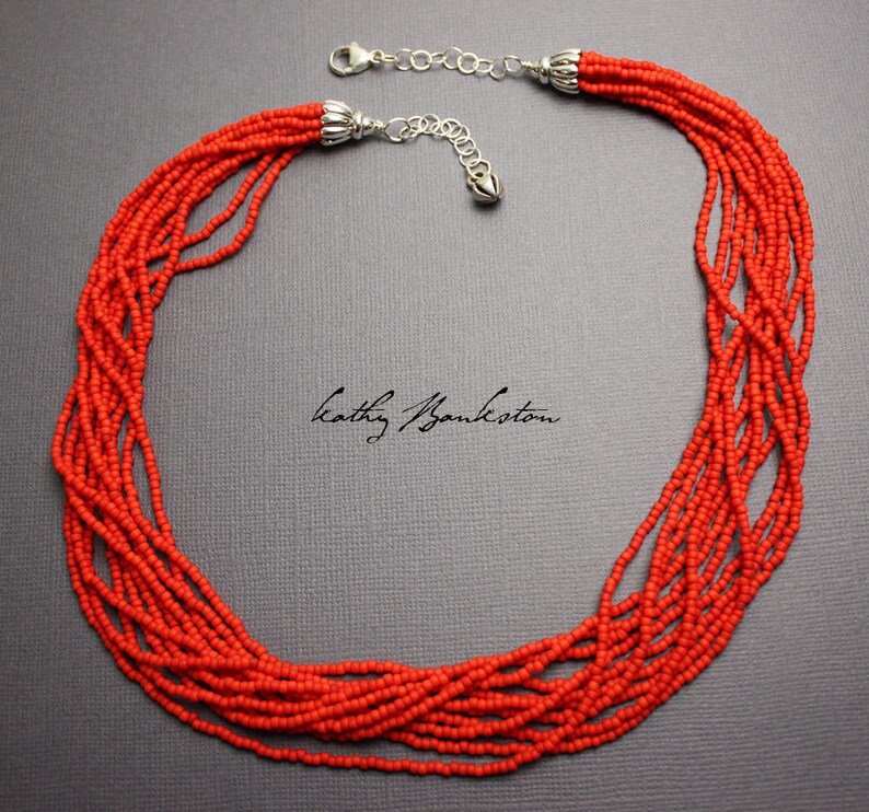 Red Multi Strand Seed Bead Necklace Red Necklace Red Twist Etsy