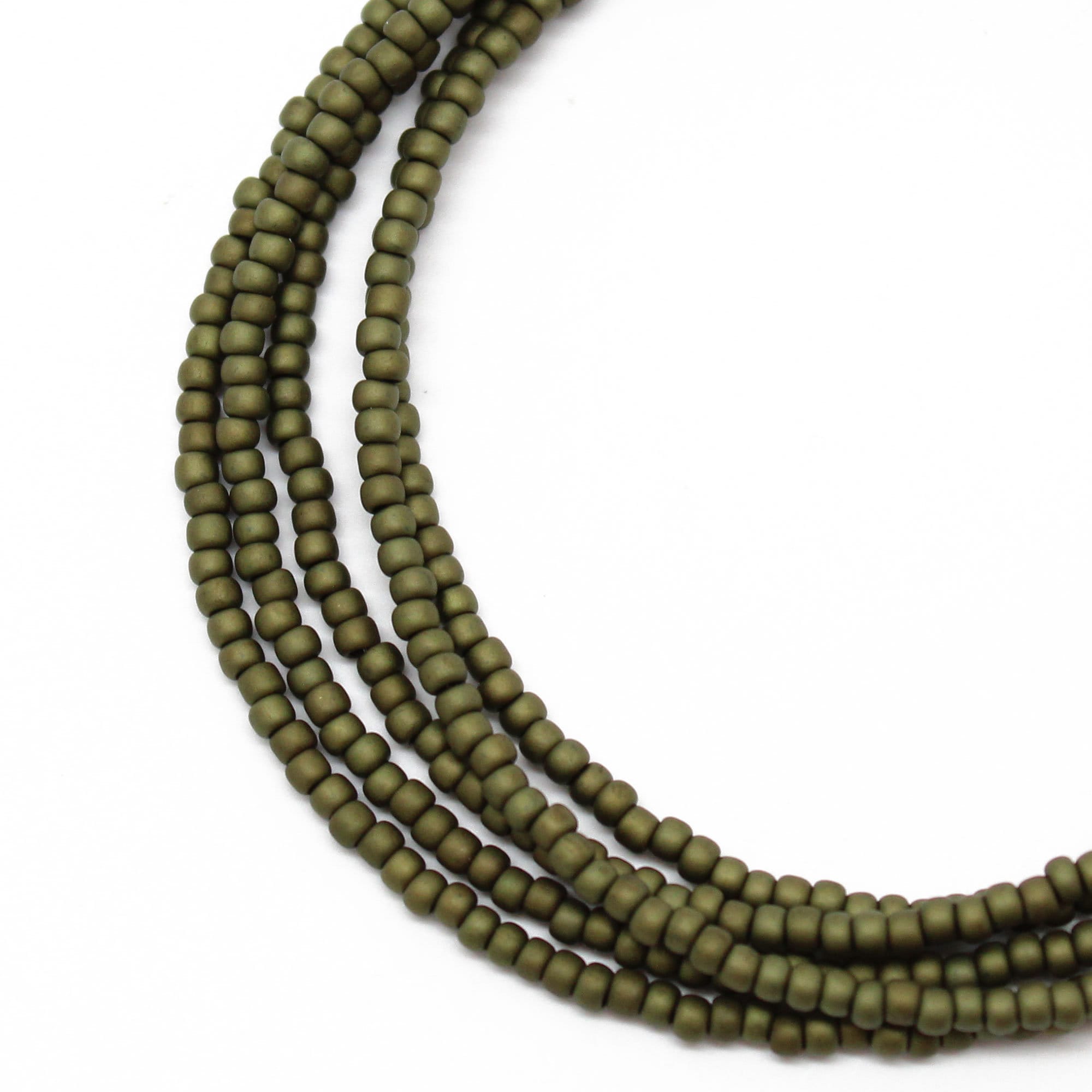 Olive Green Seed Bead Necklace Thin 1.5mm Single Strand
