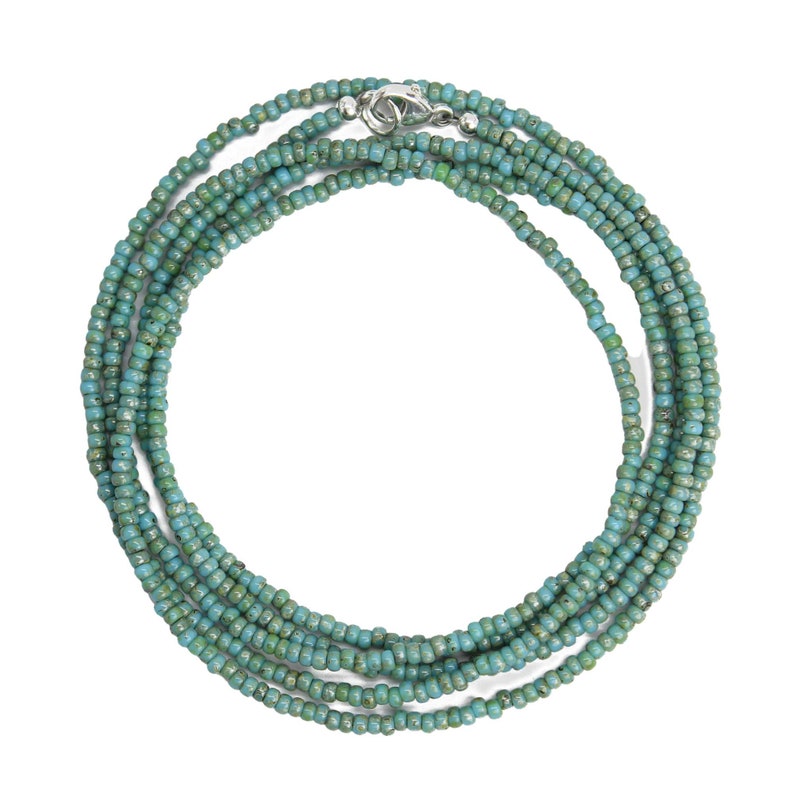 Turquoise Blue Picasso Seed Bead Necklace, Thin 1.5mm Single Strand image 6