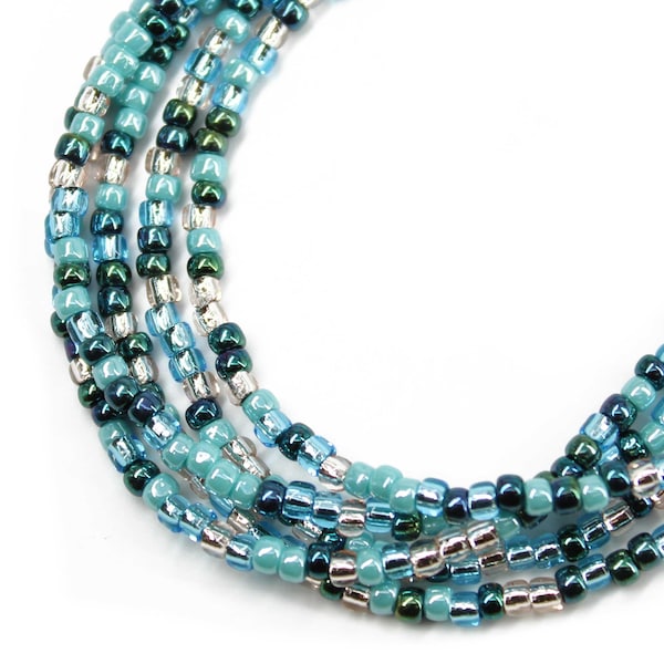 Blue Teal and Silver Seed Bead Necklace, Thin 2mm Single Strand Multi Color Beaded Necklace, Made to Order Long to Choker