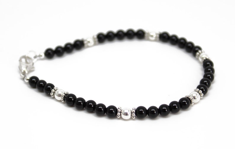 Black Onyx and Sterling Silver Bead Bracelet, Small 4mm Black and Silver Beaded Bracelet image 6