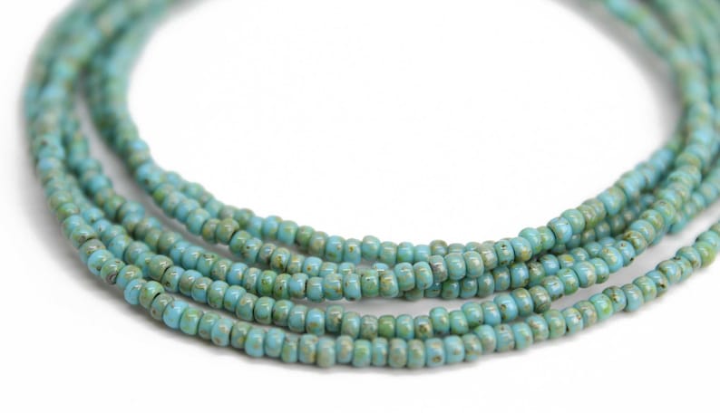 Turquoise Blue Picasso Seed Bead Necklace, Thin 1.5mm Single Strand image 3