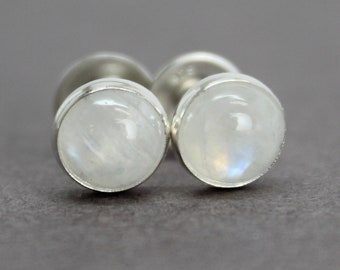 6mm Moonstone Stud Earrings in Sterling Silver, Rainbow Moonstone Studs, Moonstone Jewelry, June Birthday Gift