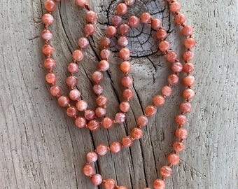 Sunstone Necklace: Hand-Knotted Silk, 28" Endless Strand