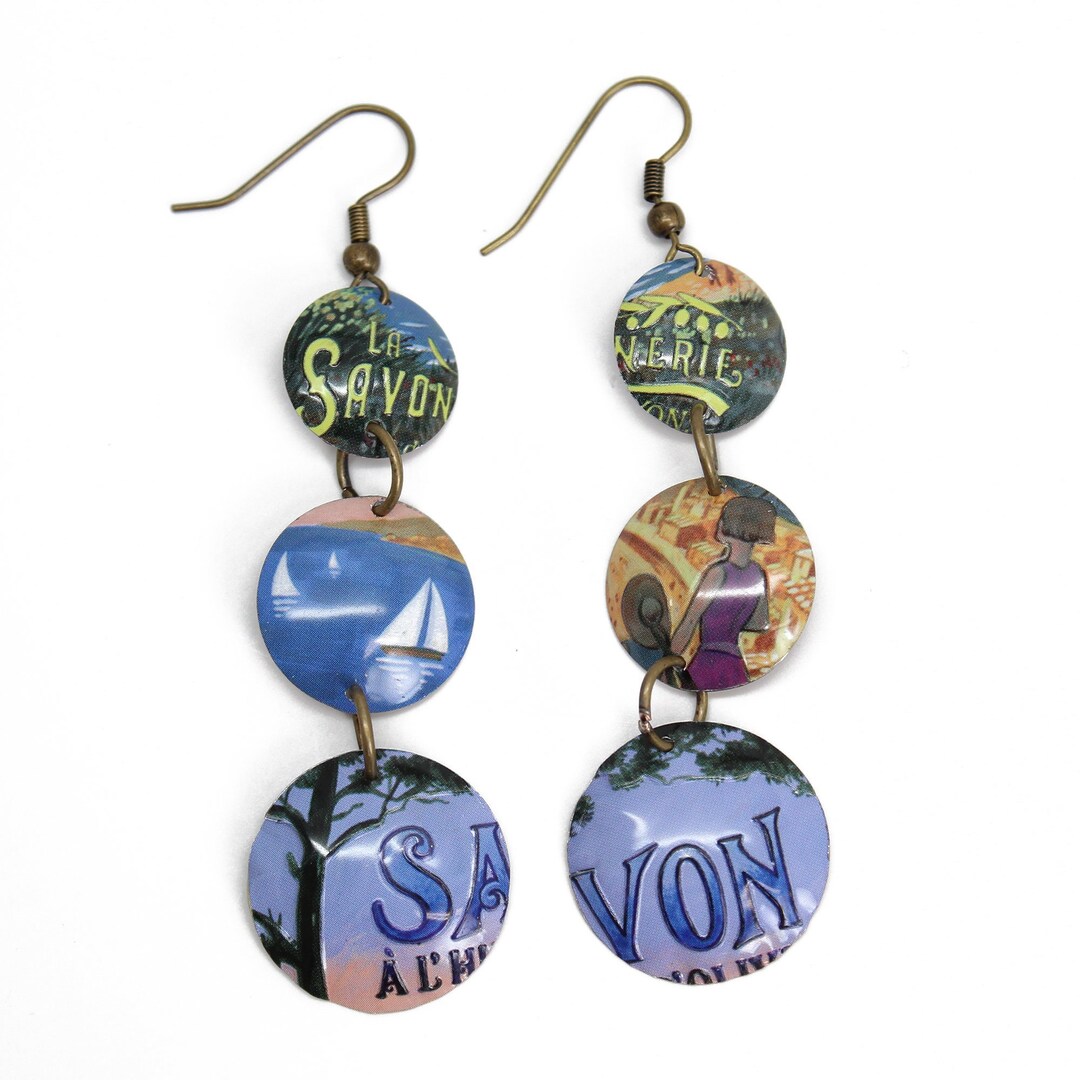 Vintage Savon Tin Earrings, Artisan Made, Upcycled Handmade Jewelry